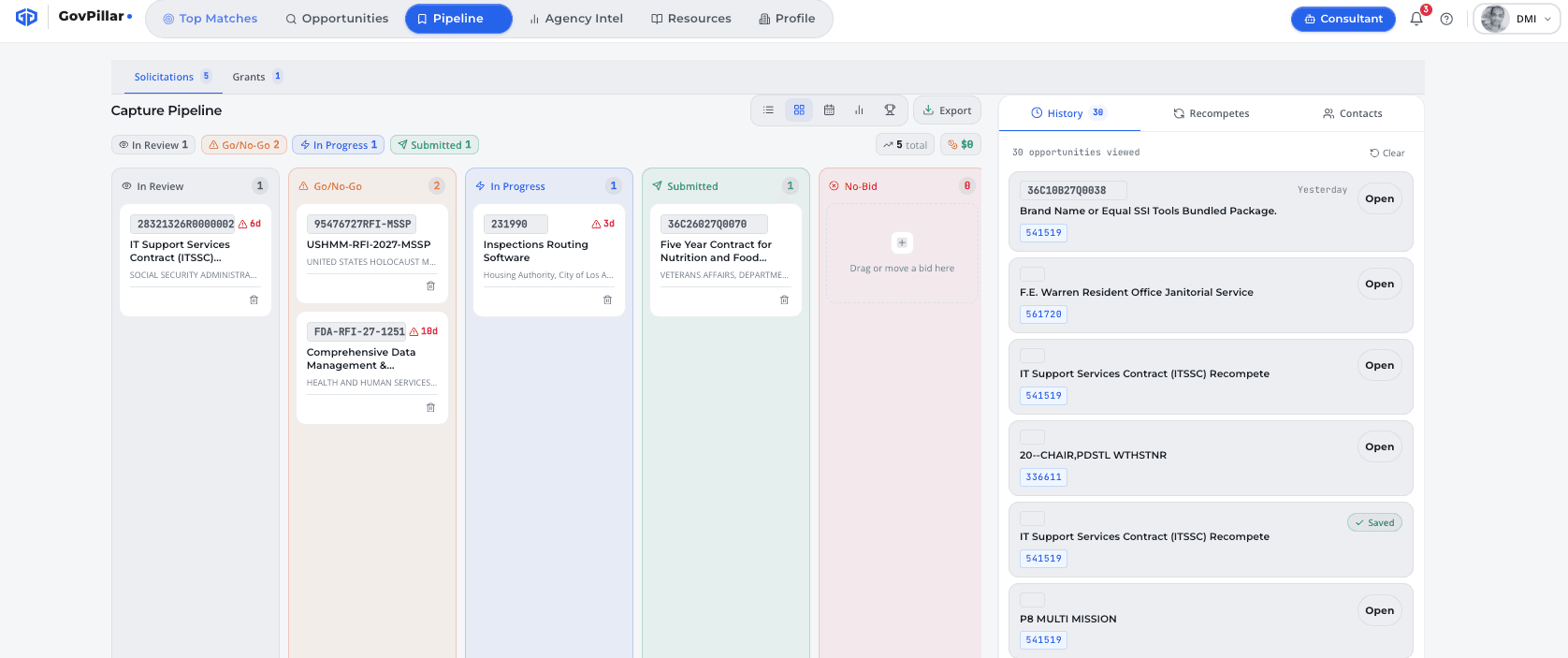 GovPillar Capture Pipeline Kanban board showing In Review, Go/No-Go, In Progress, Submitted, and No-Bid columns