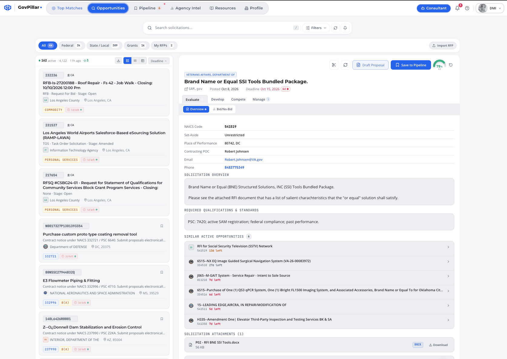 GovPillar Opportunities tab showing search results list and opportunity detail panel